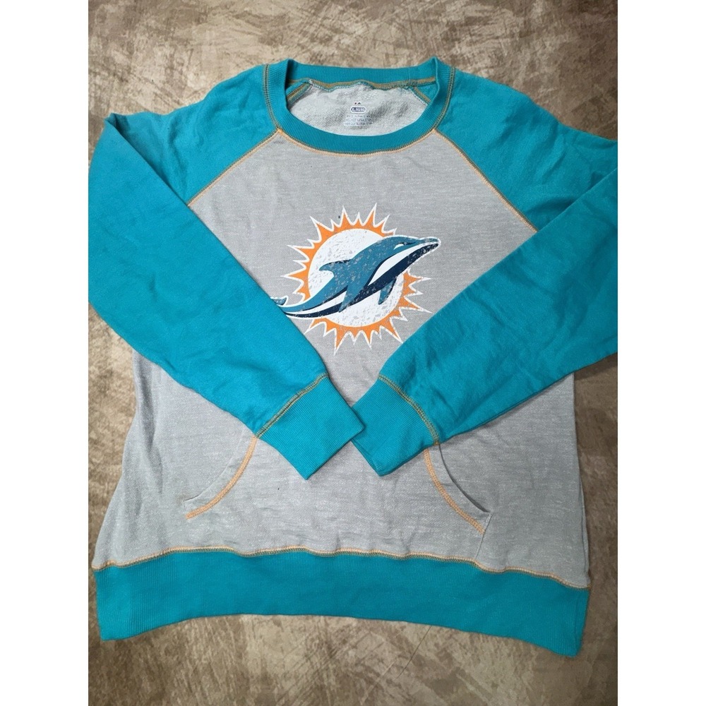 Majestic Miami Dolphins Sweatshirt Womens XL Aqua Blue Gray Pockets Pullover